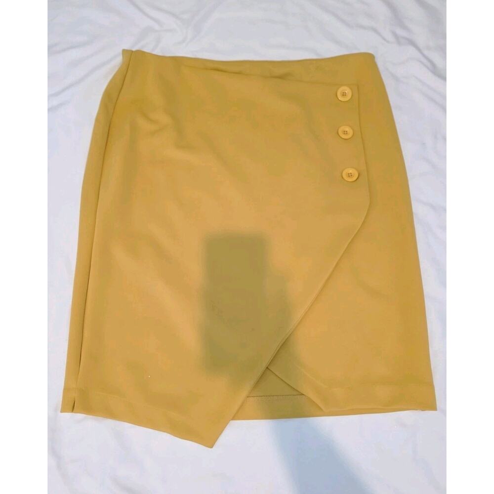 Faux Wrap Pencil Skirt Womens XL Yellow Button Detail Asymmetrical Est 1946 - Picture 4 of 11